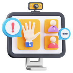 3D Illustration of Raise Hand Icon with Participant Tiles and Hand Gestures in Minimal 3D Style