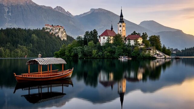 Lake Bled Island Church Tranquil Sunrise Reflection