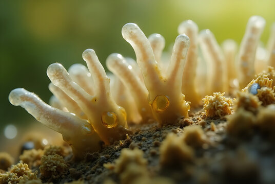 A high-resolution, realistic close-up image of Glomeromycota fungi closely associated with plant root cells. 