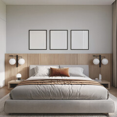 Modern Minimalist Bedroom Interior: Neutral Tones, Wooden Accents, and Mock-Up Frames.