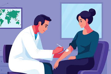 Doctor giving a vaccine injection to a female patient in a clinic for immunization. Vector illustration concept for healthcare and medicine.