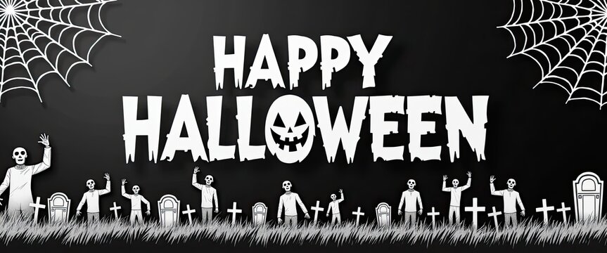 Happy halloween greeting with spooky graveyard scene featuring zombies, ghosts, and tombstones under a dark sky with spiderwebs, perfect for holiday celebrations and decorations - Powered by Adobe