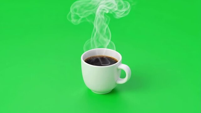 Coffee cup with steam rising isolated on a vivid green background.