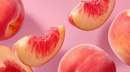A close up of a peach with a slice missing. The image is pink and the peach is the main focus