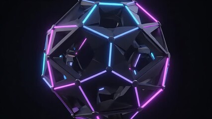 A dark futuristic polyhedron with a complex geometric frame illuminated by glowing blue and pink neon lights. - Powered by Adobe