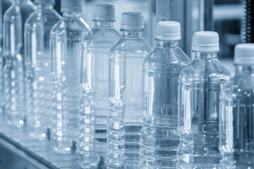 The full filled drinking water bottles  on the conveyor belt in the blue tone scene.