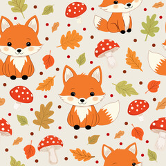 Cute fox autumn seamless pattern. Autumn season background, yellow leaves, mushroom. Textile, wrapping paper, wallpaper. Print for fabric garish vector leaf background