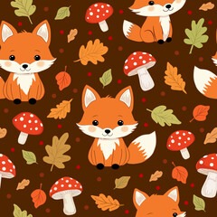 Cute fox autumn seamless pattern. Autumn season background, yellow leaves, mushroom. Textile, wrapping paper, wallpaper. Print for fabric garish vector leaf background