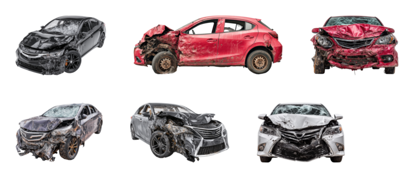 Accident scene with damaged cars urban area collection daylight, isolated on transparent background, png set