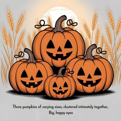 Four carved jack o lantern pumpkins with smiling faces in a field of wheat.