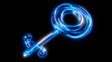 Neon Glowing Key Symbol Abstract Design Blue Digital Technology Shine Fantasy Vibrant Energy Safety Lock Security Concept Futuristic 3D Magical Representation Identity Mystery Unlock Access Colorful