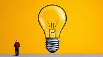 A man stands in front of a yellow wall with a light bulb drawn on it. The light bulb is glowing and he is floating in the air. The man seems to be looking up at the light bulb