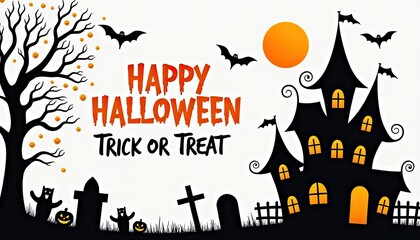 Happy halloween trick or treat with a haunted house, spooky tree, graveyard, and bats under a full moon, perfect for holiday decorations and celebrations