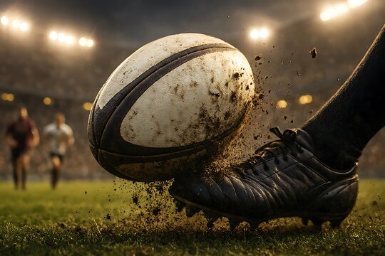 Dynamic close-up shows a worn rugby ball being kicked during an intense match event.