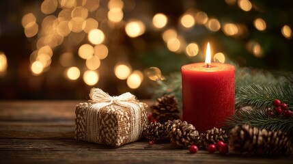 Cozy Christmas Candlelight with Gift Box and Pine Cones