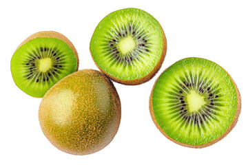 Fototapeta premium Fresh kiwi fruit slices and whole kiwi isolated on transparent background