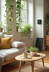 Cozy living room interior with plants and sunlight on a wooden table and sofa