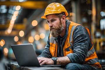 A builder uses a laptop while working