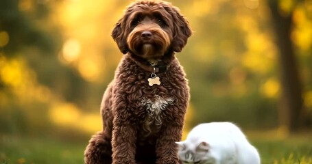 A fluffy brown dog and a white cat sit together in a park during golden hour