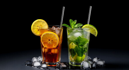 Fototapeta premium Refreshing Iced Tea and Mojito Cocktails: Summer Drinks Photography