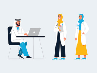 Modern Flat Vector Illustration Depicting Arab Healthcare Professionals at Work, Emphasizing Diversity and Teamwork in Medicine.