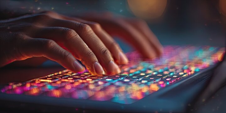 Close-up of hands typing on keyboard. Blurred colored background. Bokeh