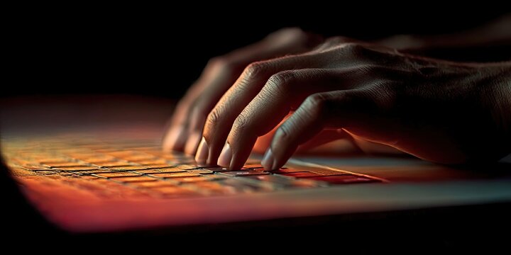 Close-up of hands typing on keyboard. Blurred colored background. Bokeh