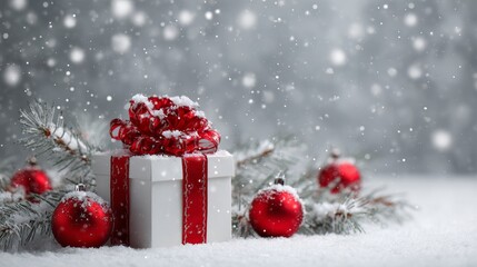 Christmas Gift Box with Red Ribbon in Snowy Winter Scene