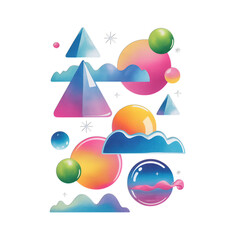 Obraz premium Colorful geometric shapes with clouds and stars on black background