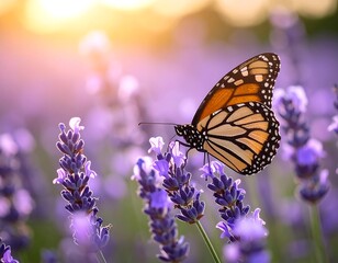 Monarch butterfly on lavender in sunset light