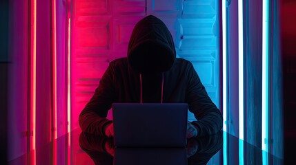 a man in a dark sweatshirt with a hood is typing on a computer on a black background