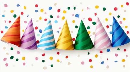 A row of colorful party hats are scattered on a white background. The hats are arranged in a line, with some hats overlapping each other. The scene conveys a festive and celebratory mood