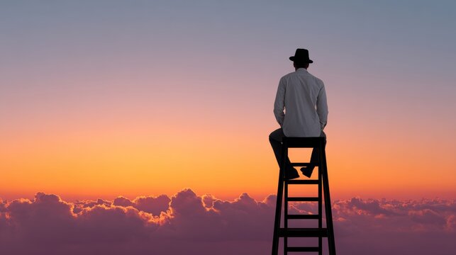 A man is sitting on a ladder in front of a beautiful sunset. Concept of solitude and contemplation, as the man is alone and looking out at the horizon. The colors of the sunset, with its warm oranges