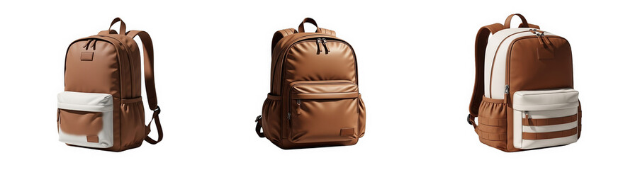 Naklejka premium Three stylish brown backpacks with white accents on display 