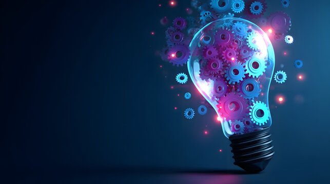 Startup journey visual concept, lightbulb glowing with gears, futuristic illustration of innovation and growth