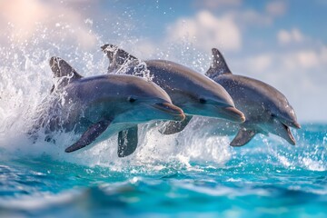 Naklejka premium Three dolphins leap out of the water.