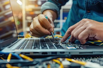 Technical technician repairs a broken laptop with