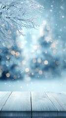 Snowy Winter Background with Wooden Surface and Bokeh Lights