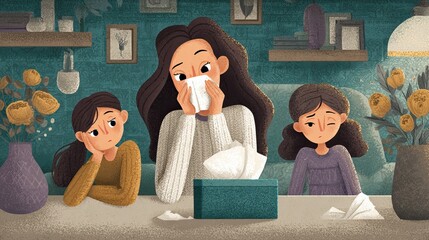 Mother sneezing into a tissue while surrounded by family at home. Cozy indoor scene capturing care and health awareness.