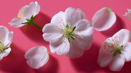 A close up of a bunch of white flowers with a pink background. The flowers are arranged in a way that they are overlapping each other, creating a sense of depth and dimension