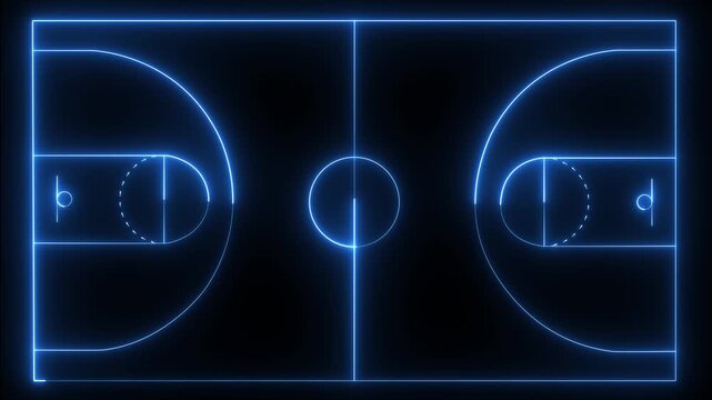glowing neon Basketball court animation on black background. Animation of neon sports stadium. Neon blue basketball court animation. 4k motion video. - Powered by Adobe