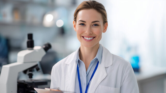 Female scientist smiling while standing by microscope in laboratory  
