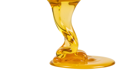 A rich, golden stream of liquid ghee (clarified butter) being poured, creating an elegant, viscous ribbon. The texture is pure and smooth. Photorealistic  on a transparent background.
