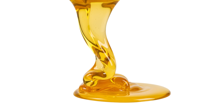 A rich, golden stream of liquid ghee (clarified butter) being poured, creating an elegant, viscous ribbon. The texture is pure and smooth. Photorealistic  on a transparent background.