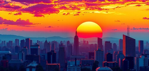 Vibrant sunset over stylized city skyline, comic book style, silhouette, comic background