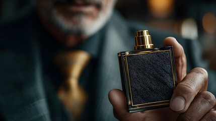 A distinguished gentleman in a tailored suit presents a sleek bottle of cologne with golden accents, embodying sophistication and timeless masculine elegance impeccably.
