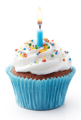 A cupcake with a blue paper case, white frosting, and colorful sprinkles,