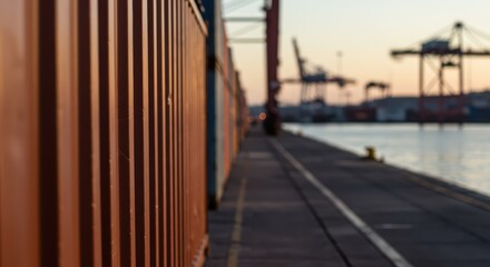 Rows of cargo containers at a commercial port during sunrise or sunset, representing global trade and logistics. Global trade efficiency concept for business presentation or design banner.