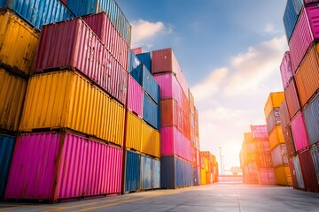Fototapeta premium Container yard with stacked colorful cargo containers under sunlight