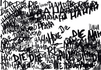 text scrawl with psychedelic and scary sentences, laughter and grunge text, anxious and mentally ill writing and anxious black and white. horror illustration. hahaha